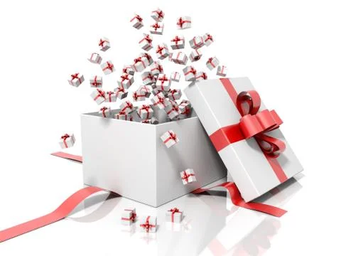 Render of a white gift box with a red ribbon throwing little gift boxes Stock Photos