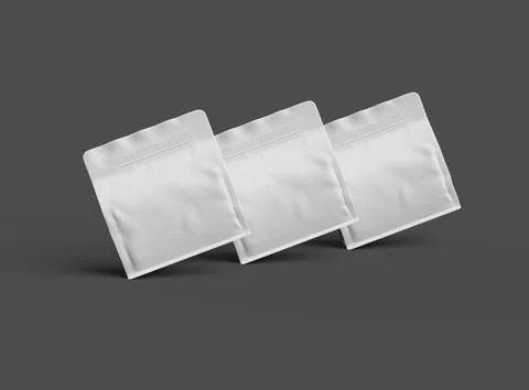 Render of a white glossy square doy-pack package with zipper on dark background Stock Illustration
