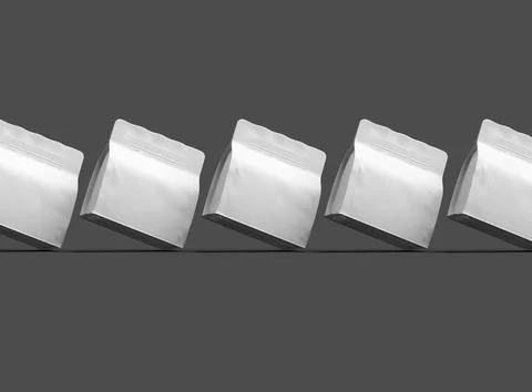 Render of a white glossy square doy-pack package with zipper on dark background Illustrazione stock