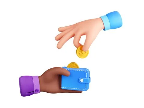 Render white hand put coin to wallet in black hand Stock Illustration