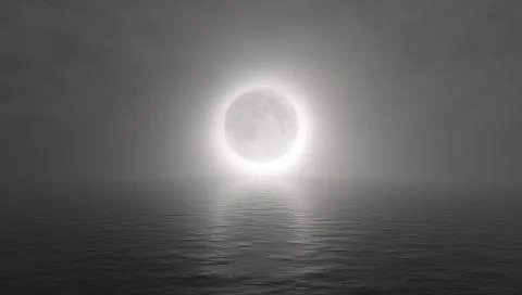 Rendered 3D Hazy Moon Eclipse Over Ocean Background Ilustração Stock