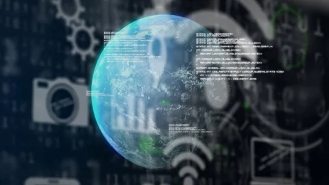 Rendered Earth globe appearing then rotating while HUD icons sliding in, showing Stock Footage 328657013