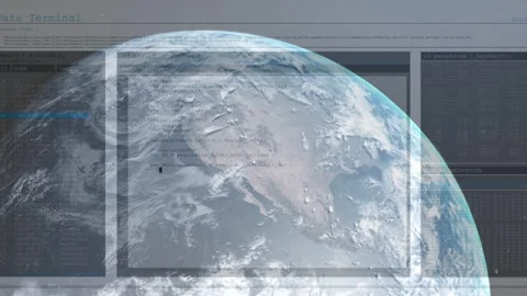 Rendered Earth staying centered, terminal overlay fading in and causing code Stock Footage 332577689