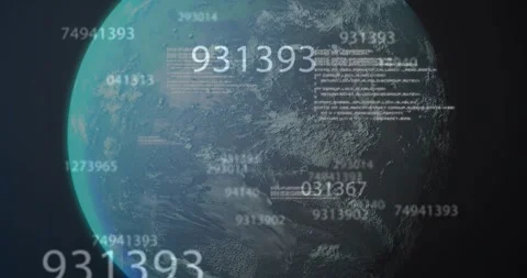 Rendered planet rotating upon reveal, numeric overlays fading, clustering, Stock Footage 330577445