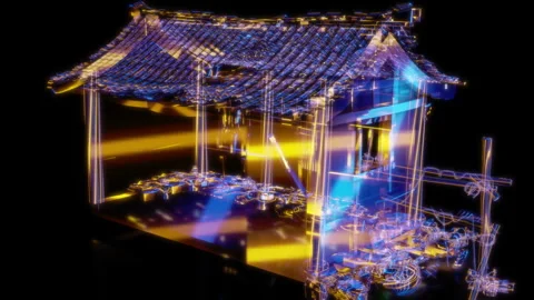 Rendering 3D animation, VISUAL EFFECTS Old Chinese Roof House model on a black Stock Footage 265139020