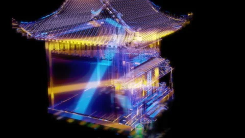 Rendering 3D animation, VISUAL EFFECTS Chinese Old Hotel Model on a black Stock Footage 274179705