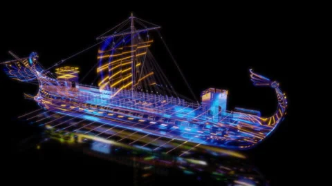 Rendering 3D animation, VISUAL EFFECTS Roman Trireme Model on a black background Stock Footage 274180429