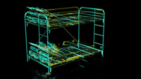 Rendering 3D animation, VISUAL EFFECTS Iron bunk beds Model on a black Stock Footage 274757171