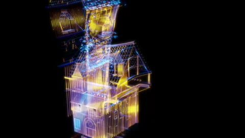 Rendering 3D animation, VISUAL EFFECTS Stylized Building Model on a black Video stock 274847647