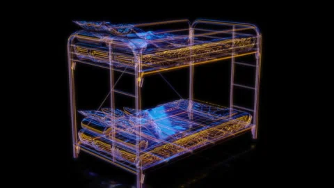 Rendering 3D animation, VISUAL EFFECTS Iron bunk beds Model on a black Vídeos de archivo 275412941