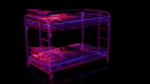 Rendering 3D animation, VISUAL EFFECTS Iron bunk beds Model on a black Stock Footage 275599932