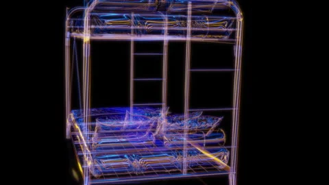 Rendering 3D animation, VISUAL EFFECTS Iron bunk beds Model on a black Stock Footage 276496174