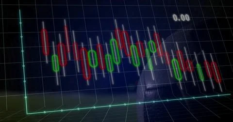 Rendering 3D candlestick chart oscillating on dark grid with teal axes, nodes Stock Illustration