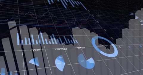 Rendering 3D data dashboard on tilted grid plane, showing gray bars, blue pie or Illustrazione stock