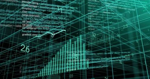 Rendering 3D data grid in interface with wireframe lines, bar charts, numeric Stock Photos