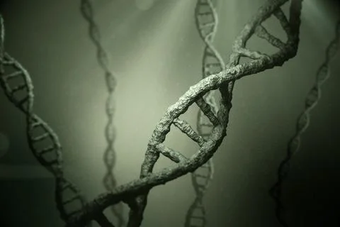 Rendering 3D DNA double helix twisting in softly lit greenish-gray environment Foto stock