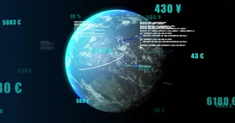 Rendering 3D Earth model spinning in space, showing floating currency symbols, 库存影片 307884652