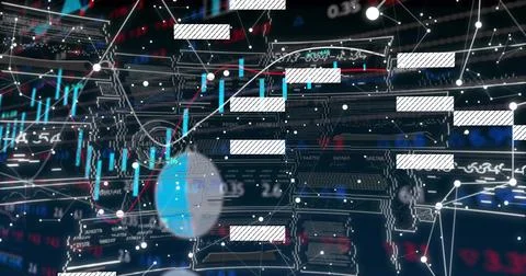 Rendering 3D finance display at virtual dashboard, showing blue candlesticks, Stock Illustration