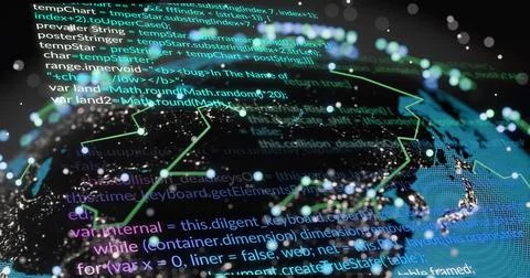 Rendering 3D globe with JS code overlay in virtual data map, tracing neon Stock Photos