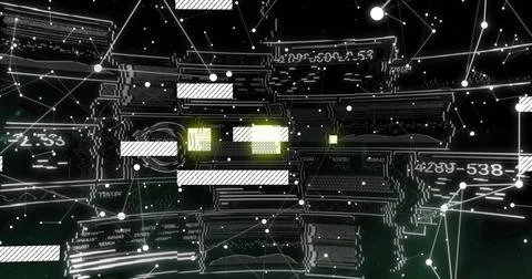 Rendering 3D mesh in dark green space, with nodes, slender lines, panels and Foto stock