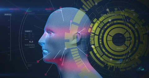 Rendering 3D mesh head showing grid dots, red nodes and HUD in digital Stock Photos