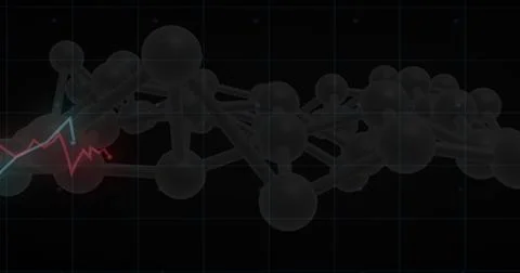 Rendering 3D molecular network stretching across lab visual with cyan grid, neon Stock Illustration
