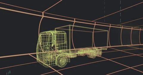 Rendering 3D neon wireframe box truck occupying center in CAD tunnel, showing Stock Photos