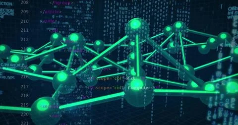 Rendering 3D net of neon green spheres and rods over grid plane code backdrop, Stock Illustration