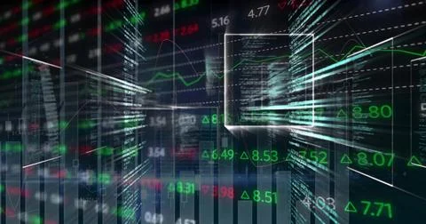 Rendering 3D panels streaming in trading UI, showing numeric tickers, Stock Photos