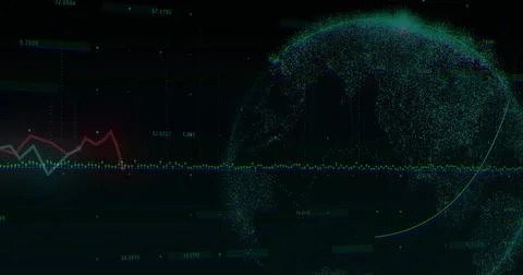Rendering 3D point-cloud globe right-dashboard, showing red cyan chart with イラスト素材