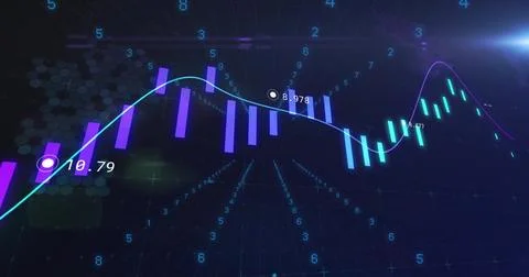 Rendering 3D purple teal bar-line chart on screen, with numeric labels, hex 库存插图