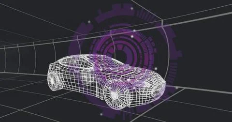 Rendering 3D sedan wireframe model in dark grey grid tunnel, with purple HUD Stock Photos