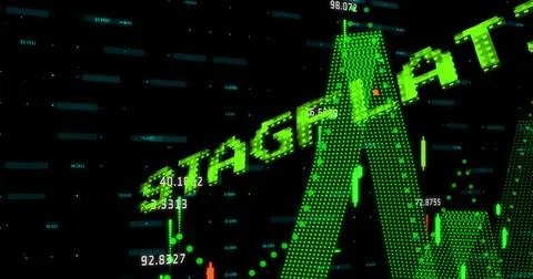 Rendering 3D STAGFLATION text floating in digital display, with candlestick bars Stockfoto's