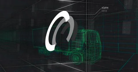 Rendering 3D truck wireframe with white or gray logo overlapping cab in studio, Stock Illustration