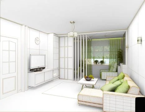 Rendering  3D of white living room interior Stock Illustration