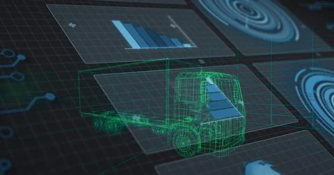 Rendering 3D wireframe articulated truck rotating in virtual dashboard, with イラスト素材