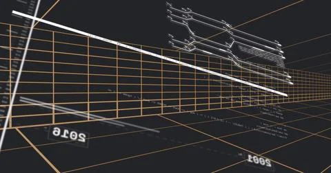 Rendering 3D wireframe corridor extending right in CAD, orange grid, white beam, Stock Illustration
