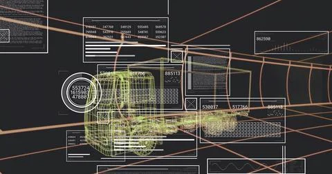 Rendering 3D wireframe forklift model inside cylindrical tunnel, with UI panels 스톡 일러스트