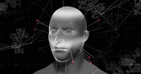 Rendering 3D wireframe head in dark hexagonal-grid interface, linking white Illustrazione stock
