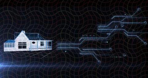Rendering 3D wireframe house model on dark grid interface, with glowing circuit Stock Photos