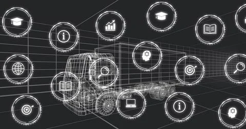 Rendering 3D wireframe semi-truck and attached trailer on perspective grid, with Stock Photos