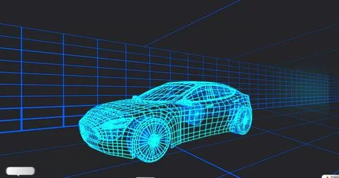 Rendering 3D wireframe sports sedan model in virtual design workspace, with cyan Stock Illustration