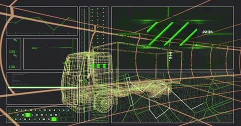 Rendering 3D wireframe truck cab and chassis moving on telemetry dashboard, with 스톡 일러스트