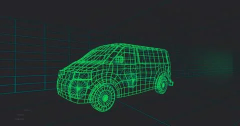 Rendering 3D wireframe van model in virtual 3D modeling workspace, with grid Stock Illustration