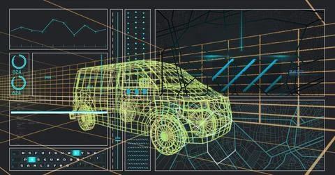 Rendering 3D wireframe van model rotating in virtual dashboard, with HUD panels Stock Photos