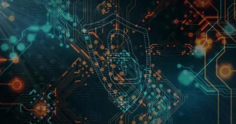 Rendering abstract circuit network pulsating in digital graphic, with PCB traces Stock Illustration
