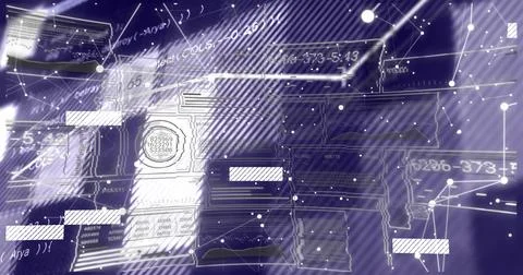 Rendering abstract digital interface on virtual HUD, featuring code panels and Stock Illustration