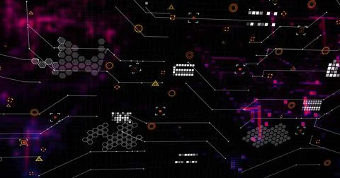 Rendering abstract network with hex clusters, nodes, connector lines, orange Stock Illustration