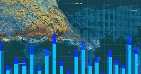 Rendering bar chart columns at software interface, with dotted world map and Stock Photos