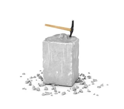 Rendering big rectangular block of gray rock, its chips and pick isolated on Stock Illustration